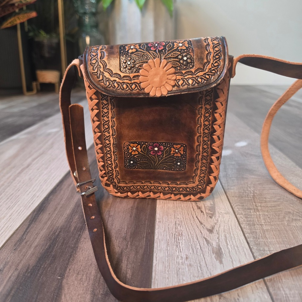 Vintage Hand Tooled Leather Crossbody Mexican Folk Art Painted Floral Whipstitch